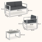 Dark grey garden sofa set with brushed aluminium frame, seat cushions, and matching table