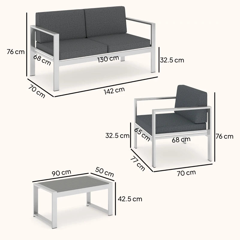 Dark grey garden sofa set with brushed aluminium frame, seat cushions, and matching table