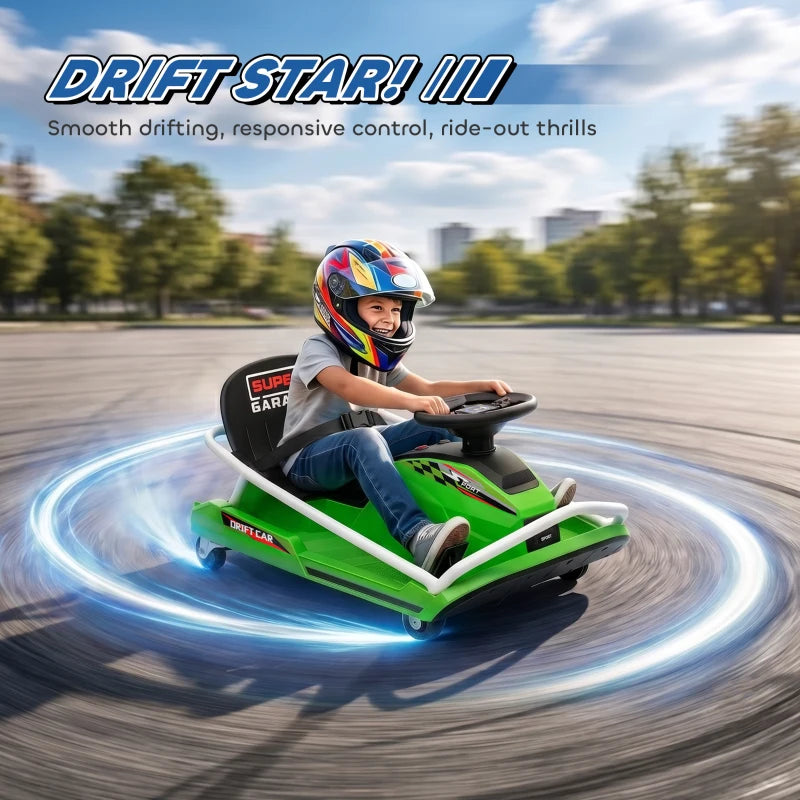 Green electric drift go-kart with black seat and steering wheel, front view