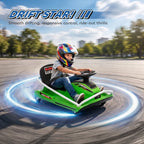 Green electric drift go-kart with black seat and steering wheel, front view