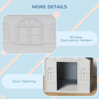 White plastic dog house with arched window panels and front door opening