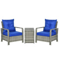 3 Pieces Rattan Bistro Set, Wicker Garden Furniture Set with Storage Coffee Table and Chairs, Thickened Cushions for Outdoor, Patio, Balcony, Blue - Bobobiy