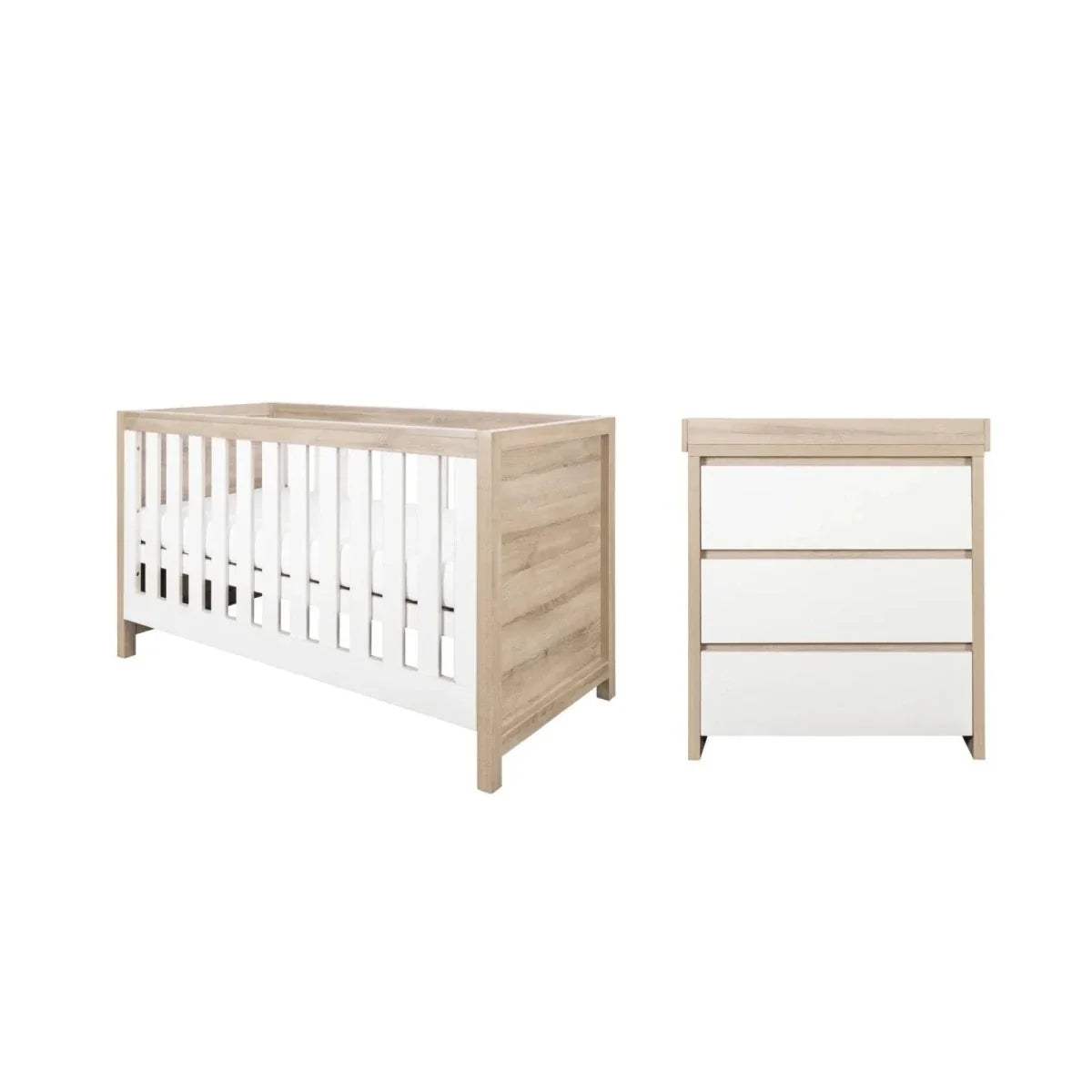 White and oak baby cot bed and matching 3-drawer dresser shown together