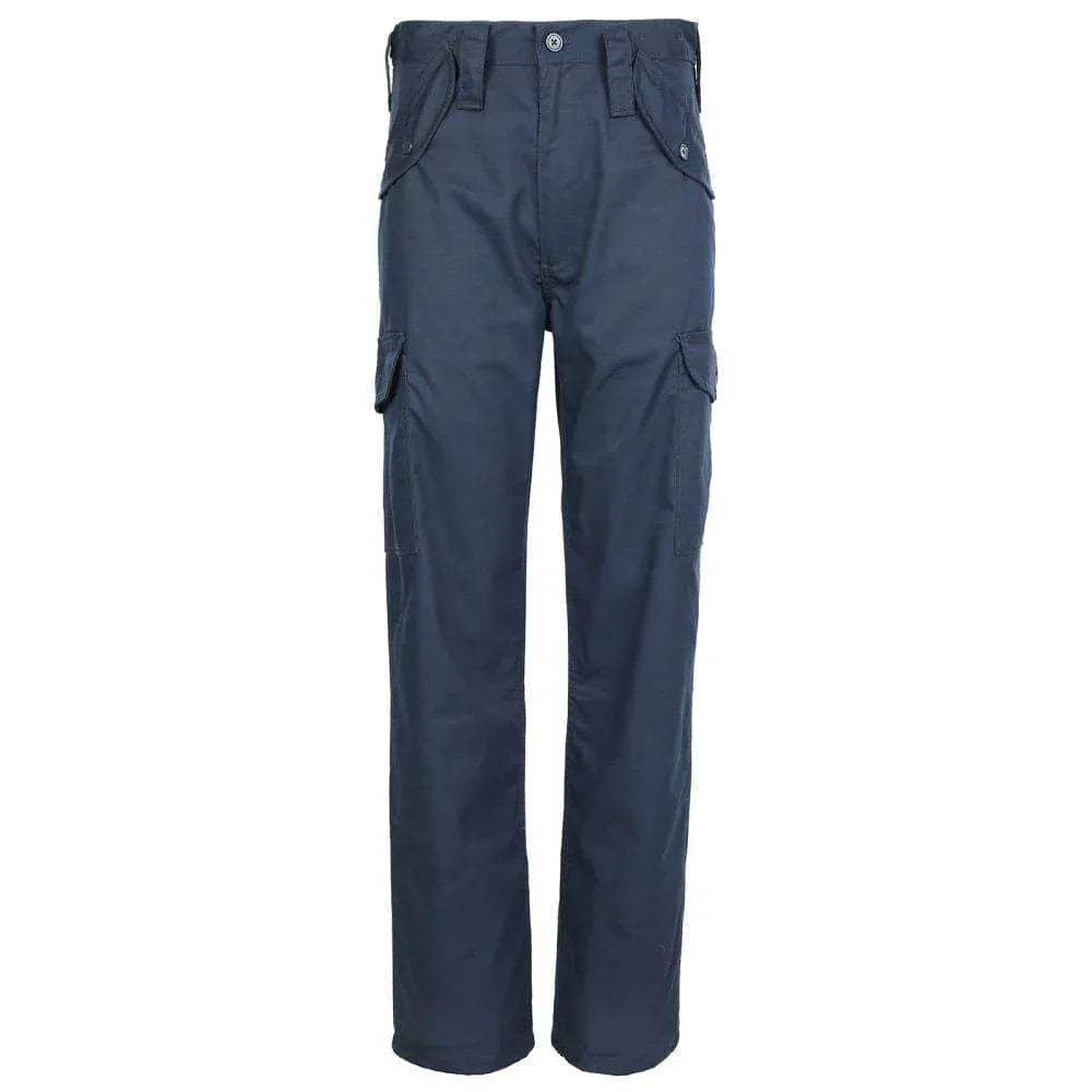 Navy blue combat work trousers with cargo pockets and button waist