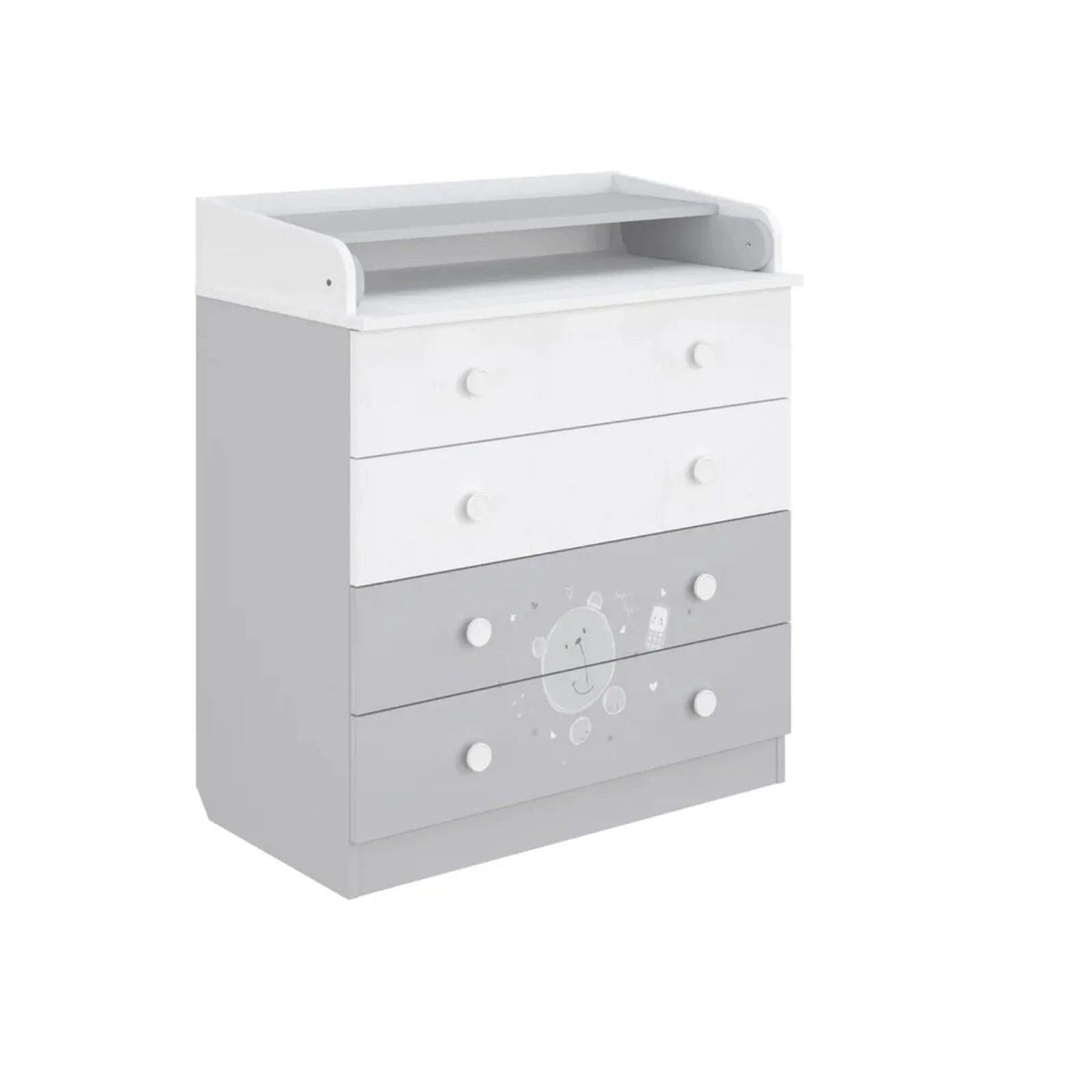 Kids teddy changing dresser in grey and white, wide open changing tray and drawers