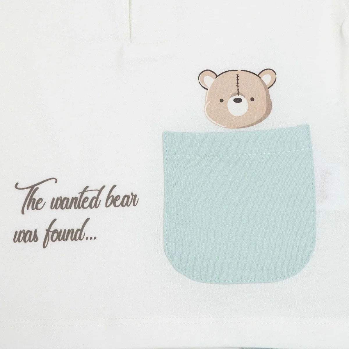 Boys white T-shirt front with bear face and light-blue pocket graphic