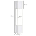 White floor lamp shelving unit with dimensions: 156cm tall, 26cm square