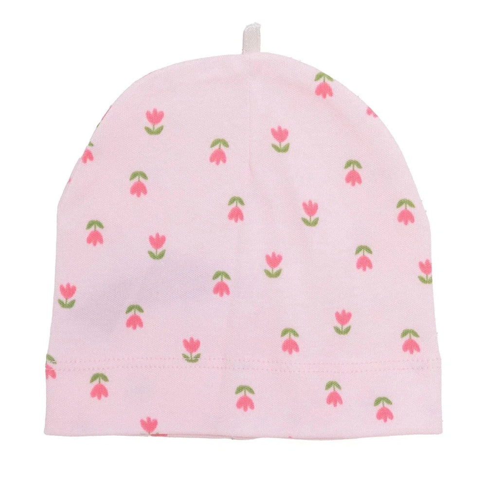 Pink baby beanie hat with all-over tulip and heart print