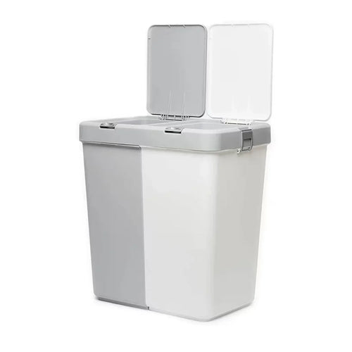 Two-section laundry and dirty basket with open top lids, light gray and white