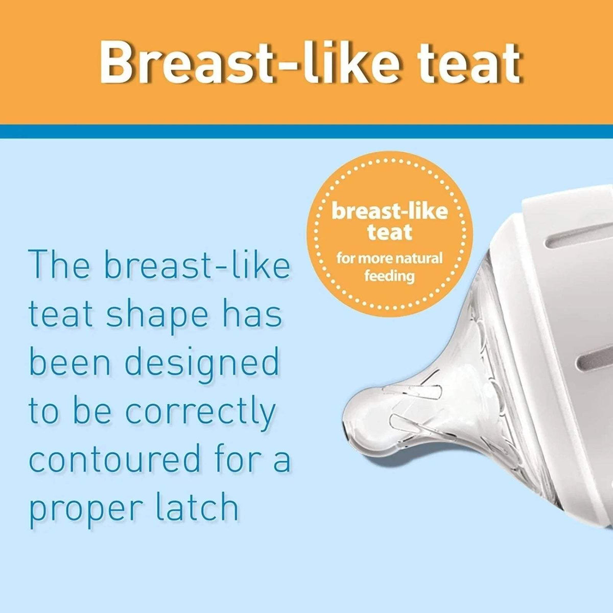 Breast-like teat design graphic showing latch-shaped silicone feeding