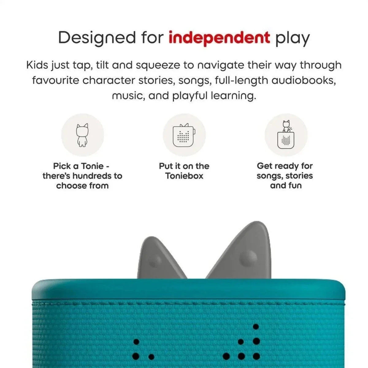 Teal Toniebox 2 top view with two gray ear pieces and control window