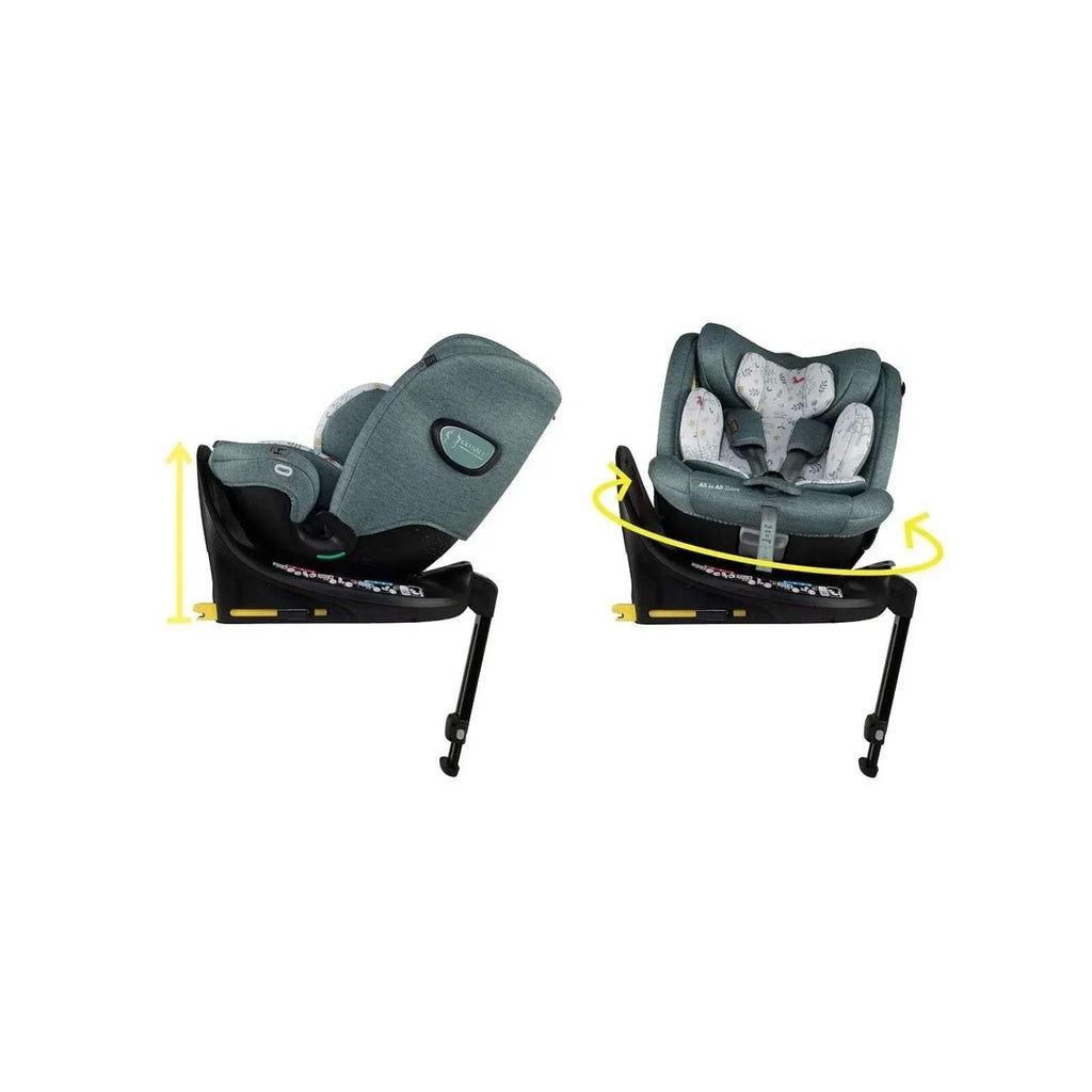 Teal infant car seat shown from side views with patterned seat liners and harness straps