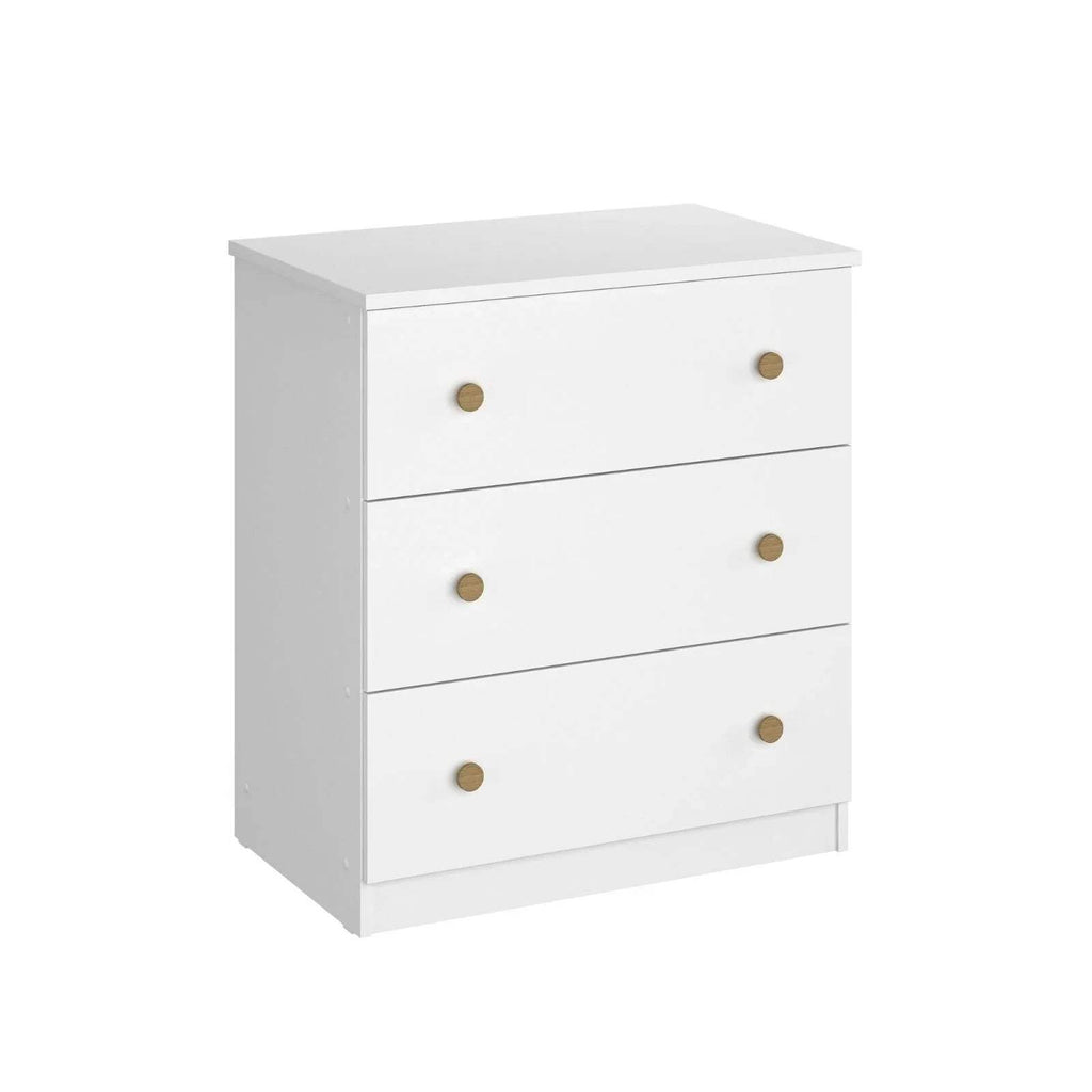 White changing dresser with flat top and three drawers, gold knob pulls