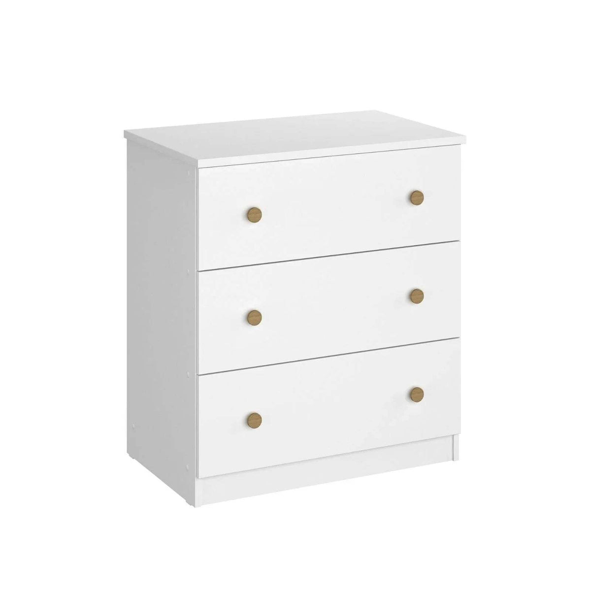 White changing dresser with flat top and three drawers, gold knob pulls