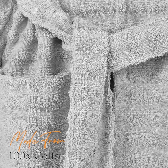 Women's Hydro Ribbed Ultra Soft 100% Cotton Hooded Bath Robes with Pockets and Belt Luxury Terry Towelling Loungewear Sleepwear in White and Grey