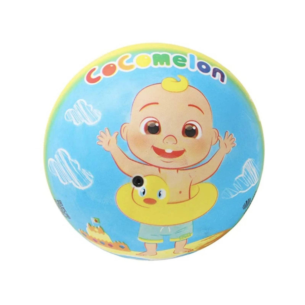 CoComelon inflatable ball with smiling baby character graphic, blue background