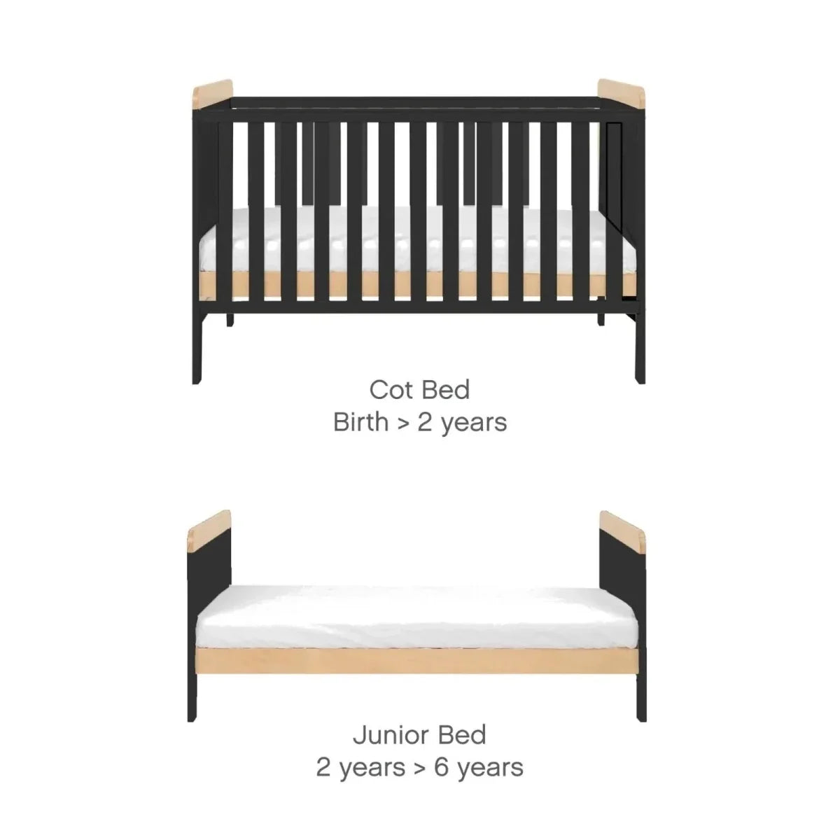 Slate cot bed and junior bed conversion guide with honey oak end rails
