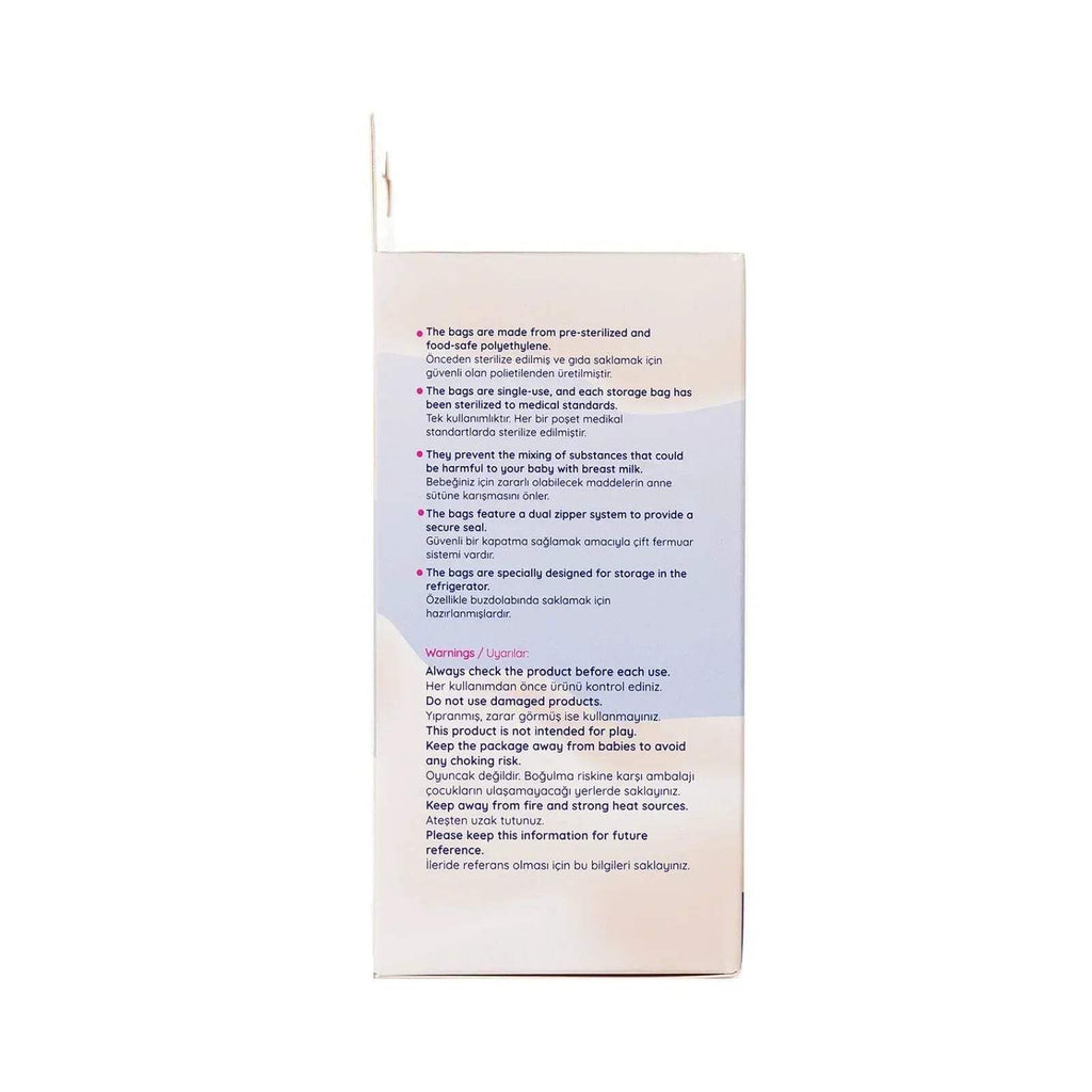 Baby breast milk storage bags package with printed instructions text on the back