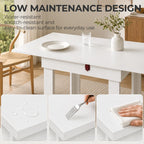 White folding dining table with easy-clean tabletop and under storage rail