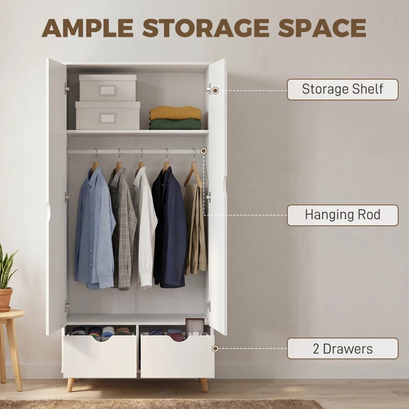 White wardrobe with open doors showing hanging rod, storage shelf, and 2 drawers.