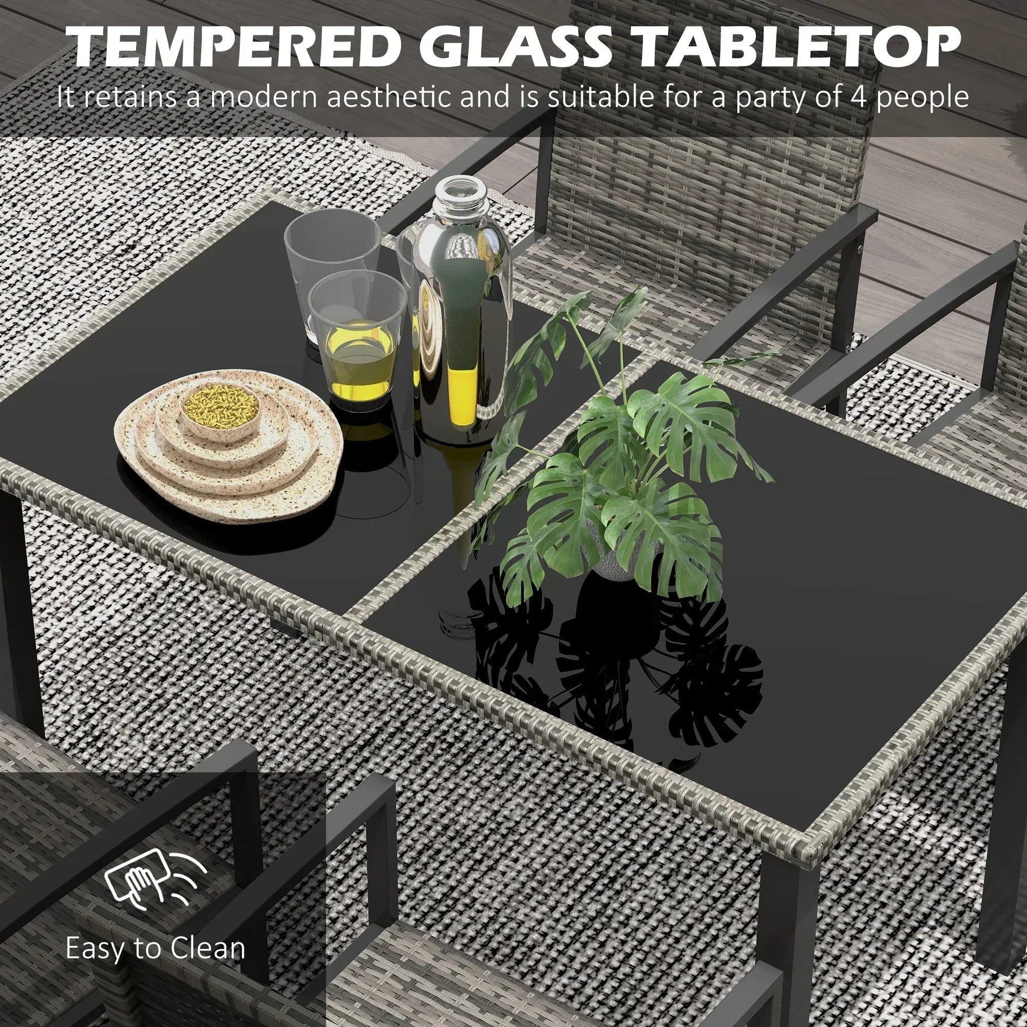 Outdoor Dining Set 5 Pieces Patio Conservatory with Tempered Glass Tabletop,4 Dining Chairs - Mixed Grey - Bobobiy