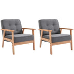 Grey linen accent armchair with button-tufted back, beech wood frame, and armrests