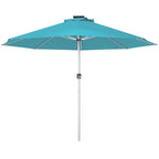 Blue patio umbrella with straight aluminum pole and vented canopy, solar LED light housing