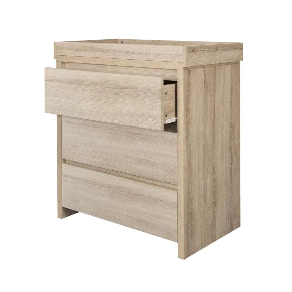 Oak changing unit side view with open top changing area and internal support.