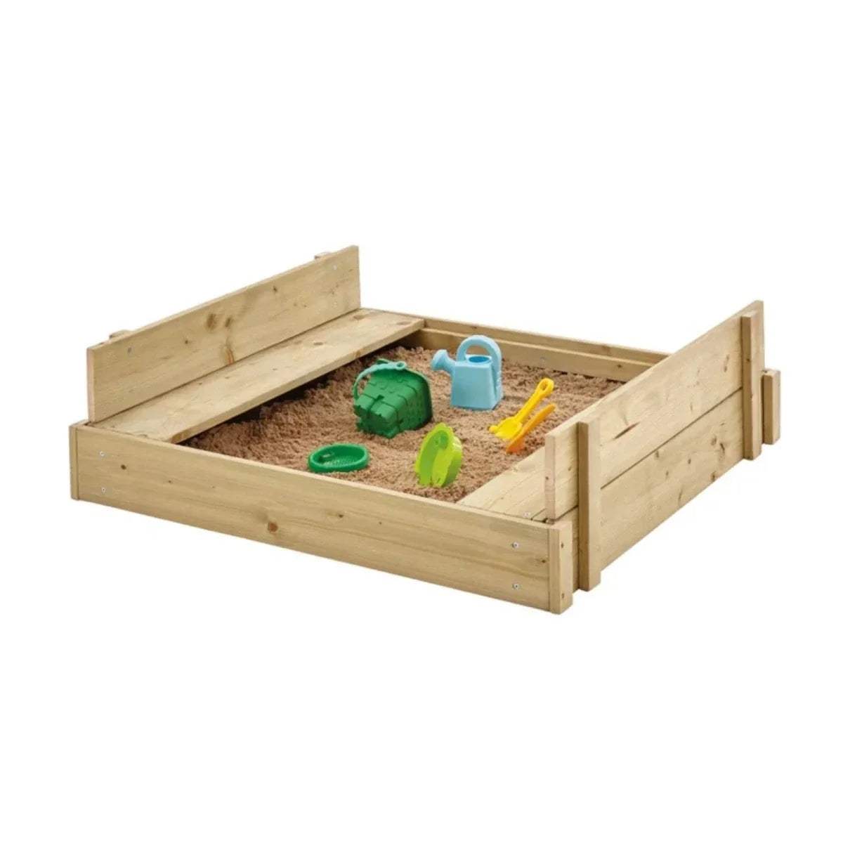Wooden lidded sandpit with toys in the sand and open lid