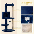 Blue plush cat tree with hanging ball toy, sisal scratching post, and cushioned perches