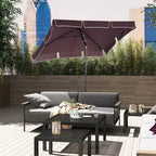 Brown rectangular patio parasol with ruffled canopy on a slim metal pole