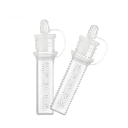 Colostrum collection kit with two clear measuring bottles and curved spouts