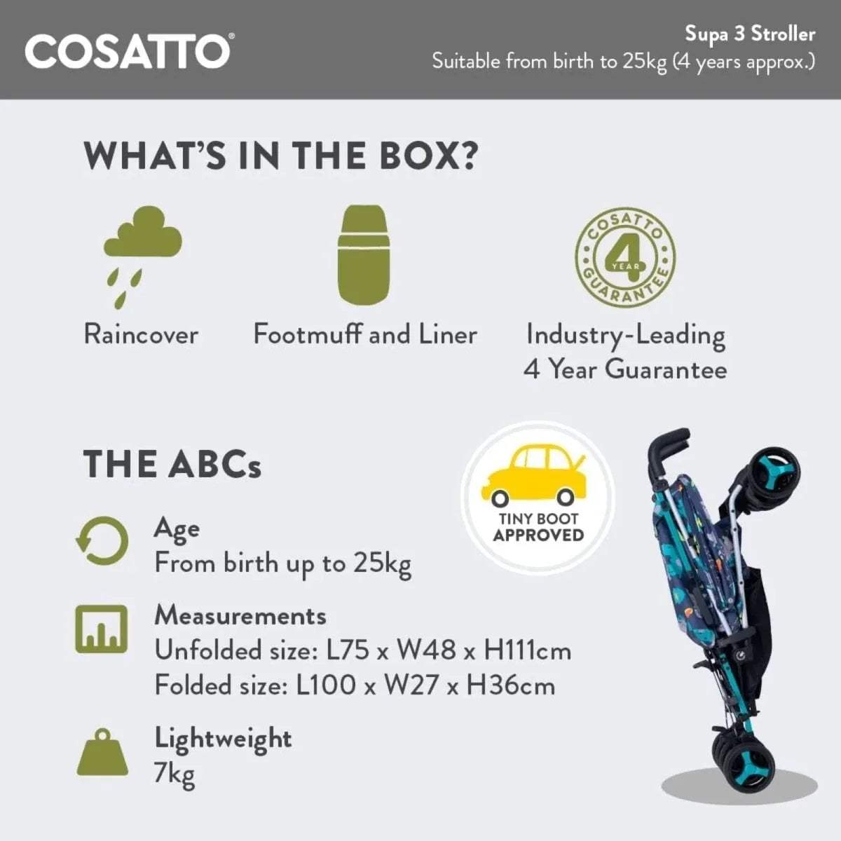 Cosatto Supa 3 stroller info graphic with Tiny Boot Approved badge and accessories list