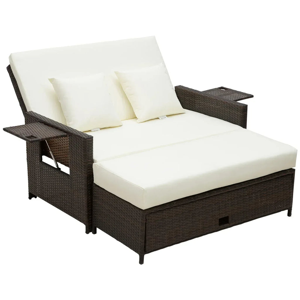 Rattan Sun Lounger 2 Seater Day Bed-Brown - Bobobiy