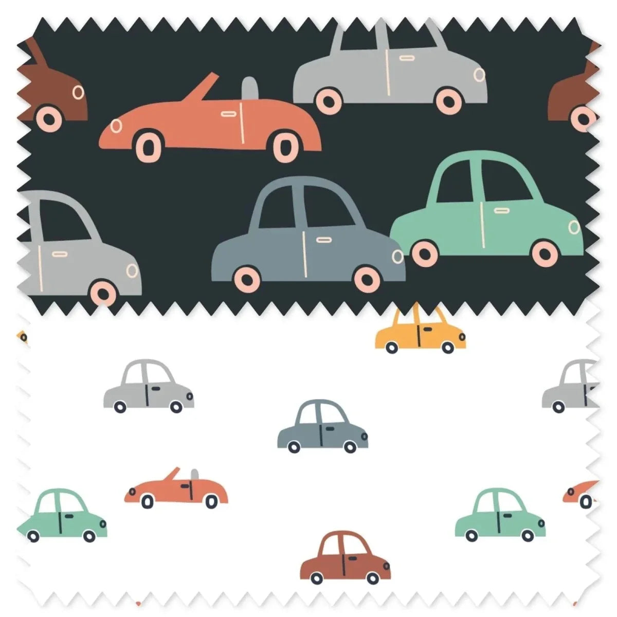 Car-pattern stroller fabric swatch with multicolor vehicles on dark and white base