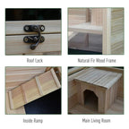 Small animal hutch details: roof lock latch, fir wood frame, and ramp panel