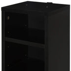 Black media shelf unit corner view with open interior compartments