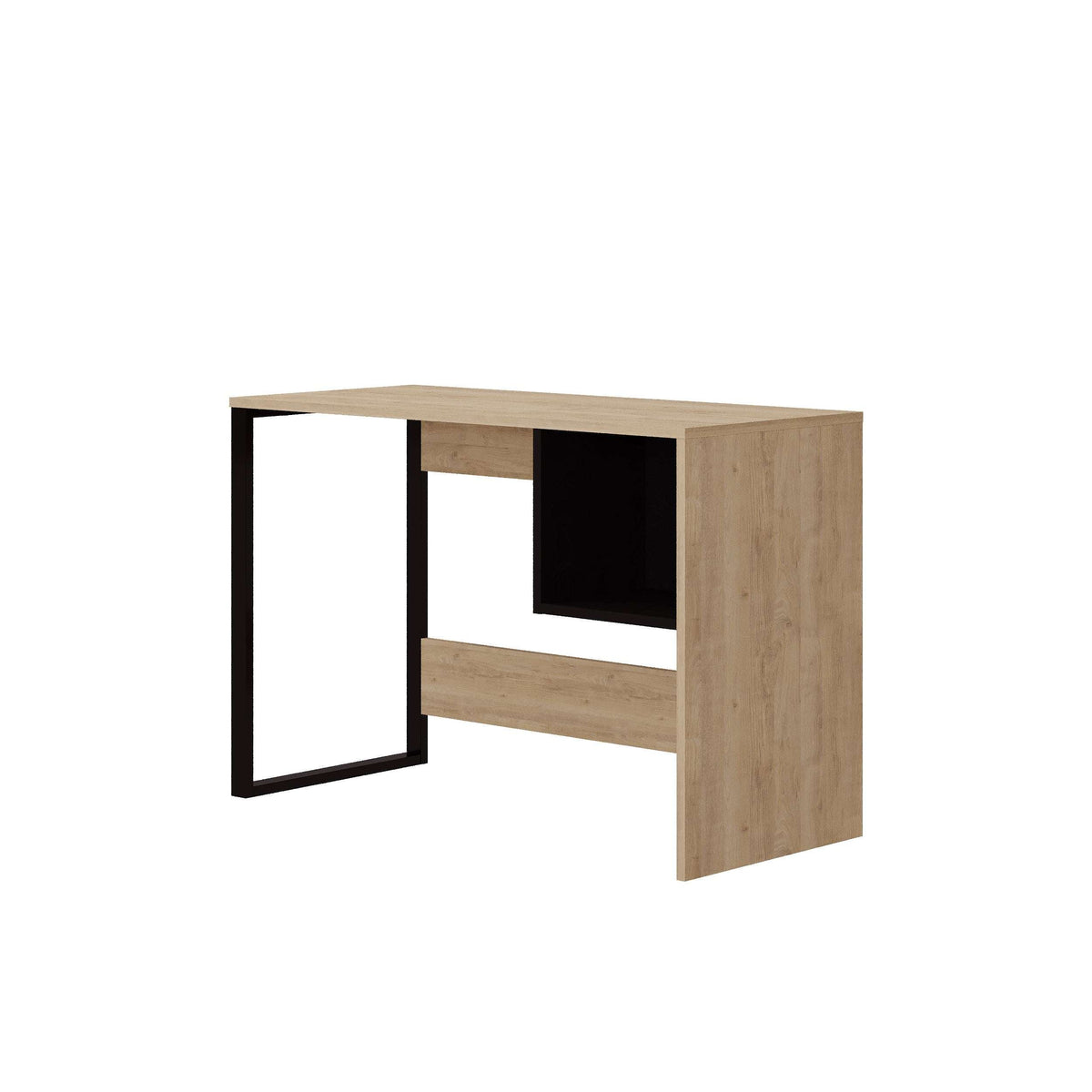 Modern working table with oak finish, black frame, and square open shelf.