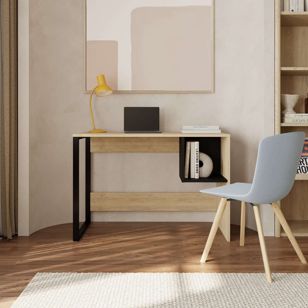 Working table with square shelf and open storage, oak top and black frame.