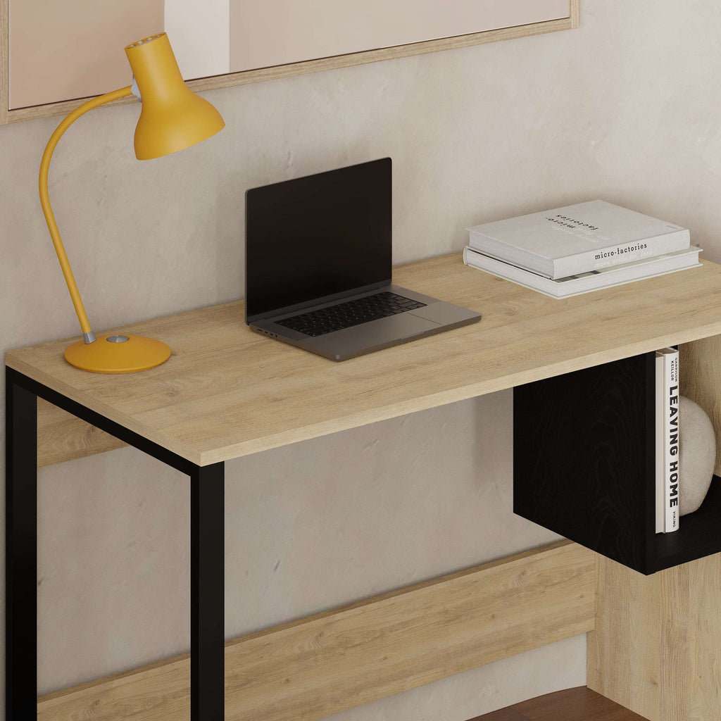 Oak desktop working table with black frame and built-in square shelf for storage.