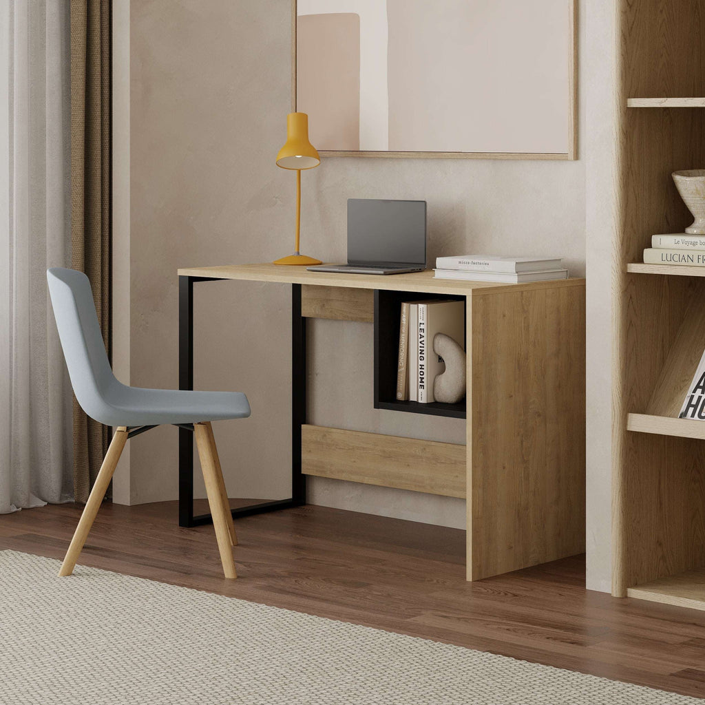 Oak and black working table with square shelf, open center, modern storage design.