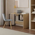 Oak and black working table with square shelf, open center, modern storage design.