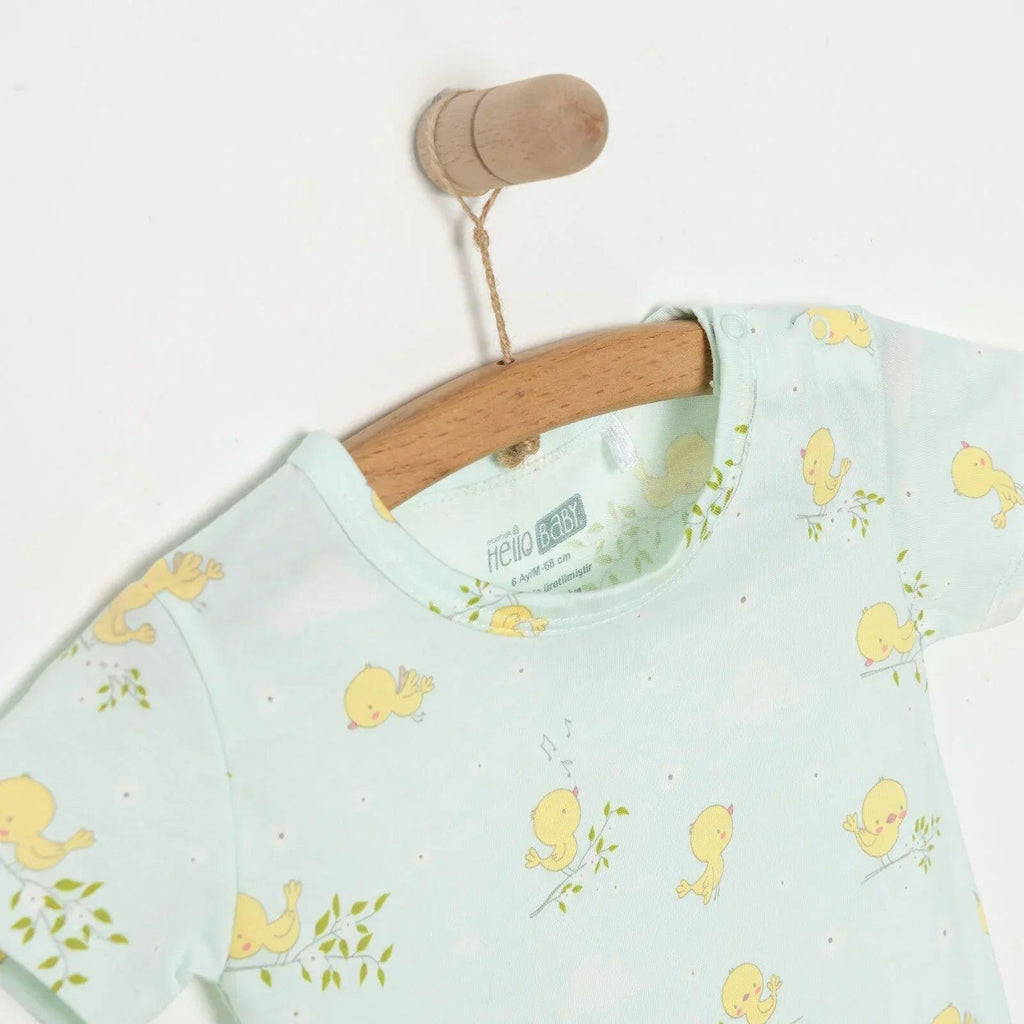 Light blue baby romper neckline close-up with “Hello baby” print and yellow chick pattern