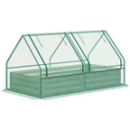 Raised metal planter box with green frame and transparent greenhouse cover, dark grey base