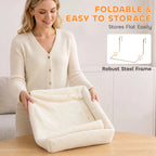 Cream foldable cat radiator bed with plush cover and metal frame, stored flat