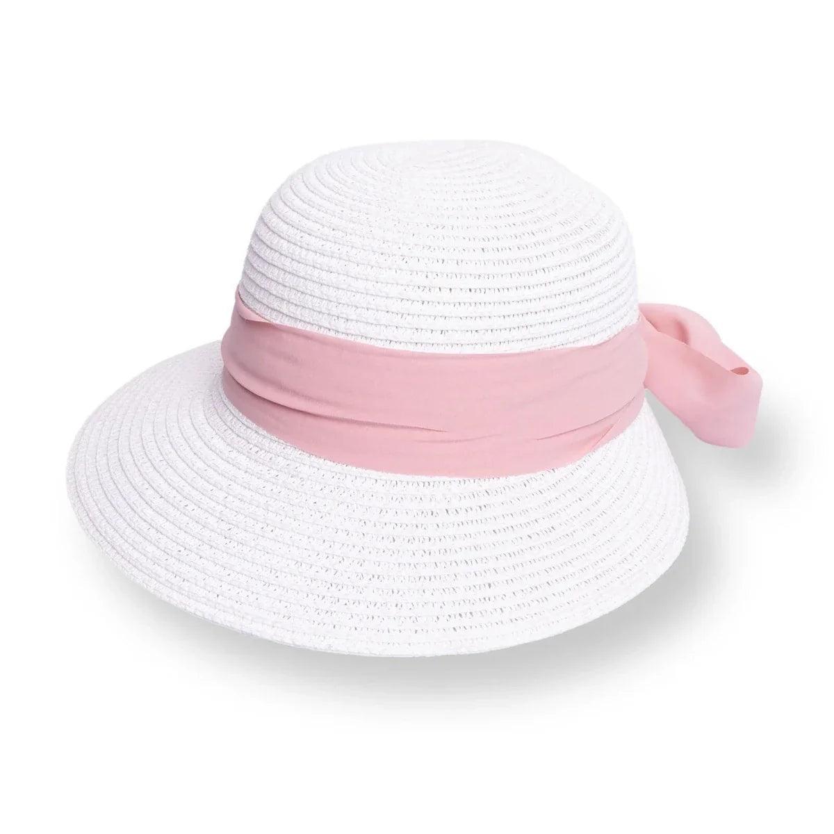 White straw baby sun hat with wide pink ribbon band and side bow