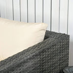 Beige cushion with dark grey woven armrest on an outdoor corner sofa