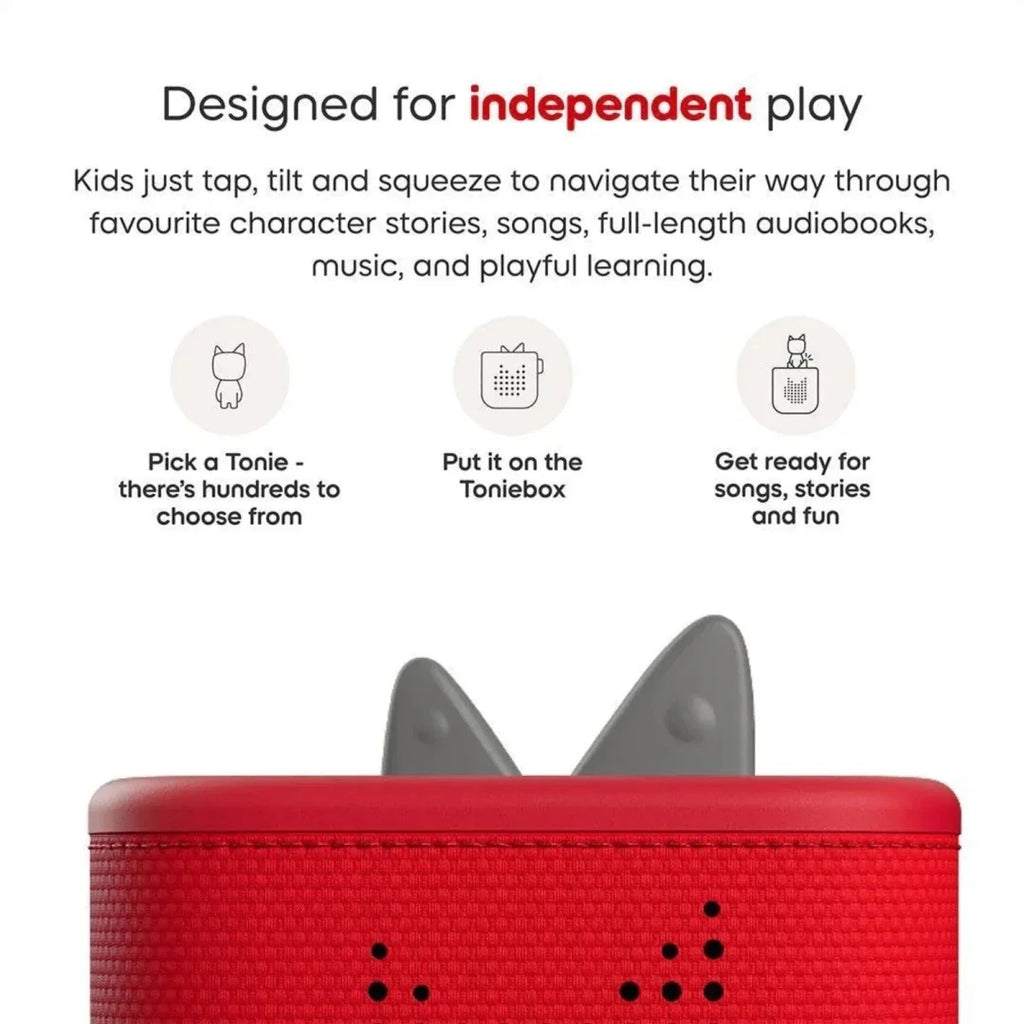 Red Toniebox 2 top speaker area with two gray ear-like buttons