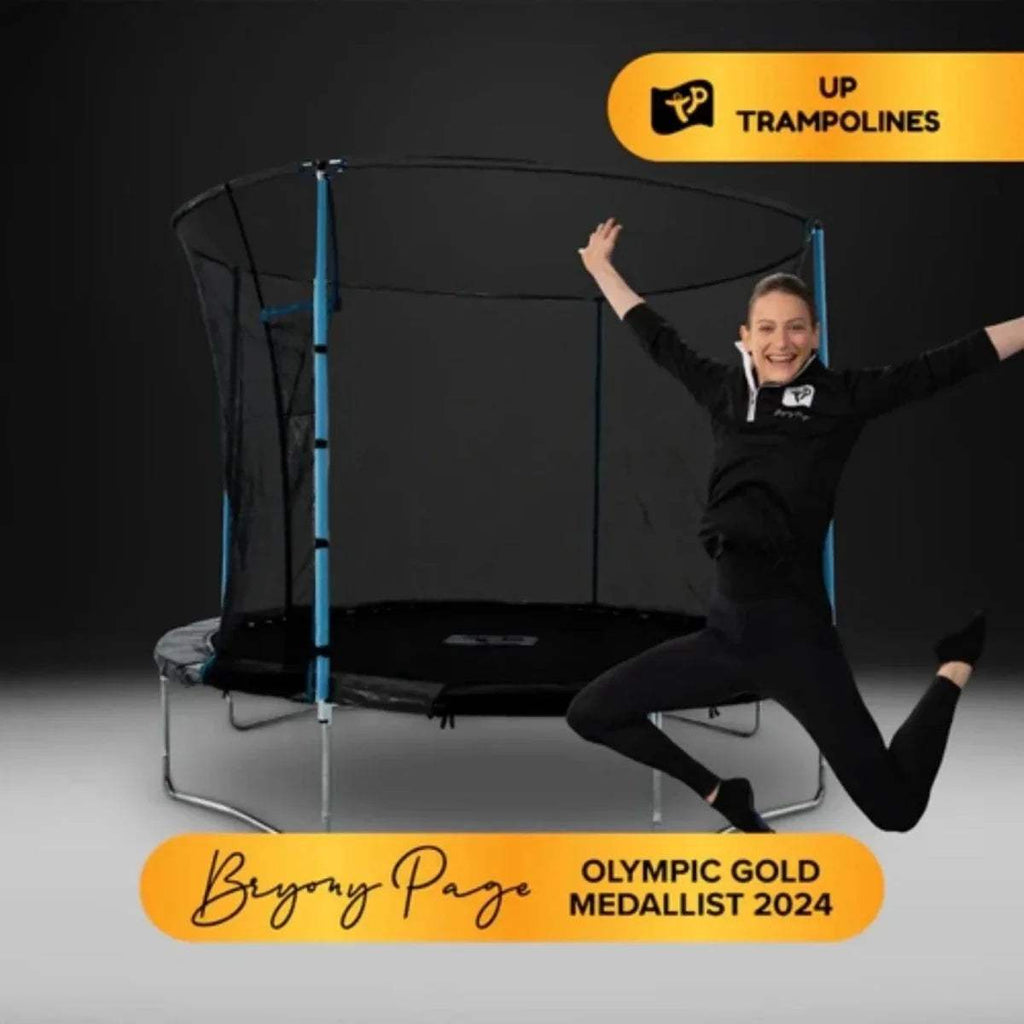 Black trampoline with blue support poles and enclosed jumping mat