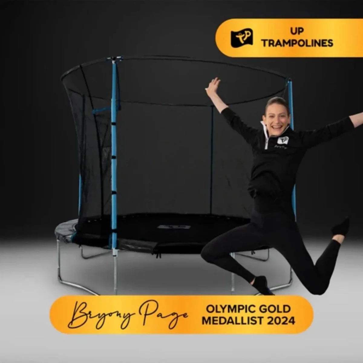 Black trampoline with blue support poles and enclosed jumping mat